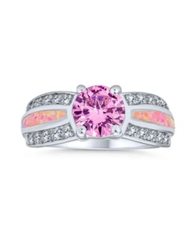 Bling Jewelry Unique Pink Cz Round Solitaire Promise Ring .925 Sterling Silver Created Opal Inlay Wide Band