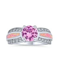 Bling Jewelry Unique Pink Cz Round Solitaire Promise Ring .925 Sterling Silver Created Opal Inlay Wide Band