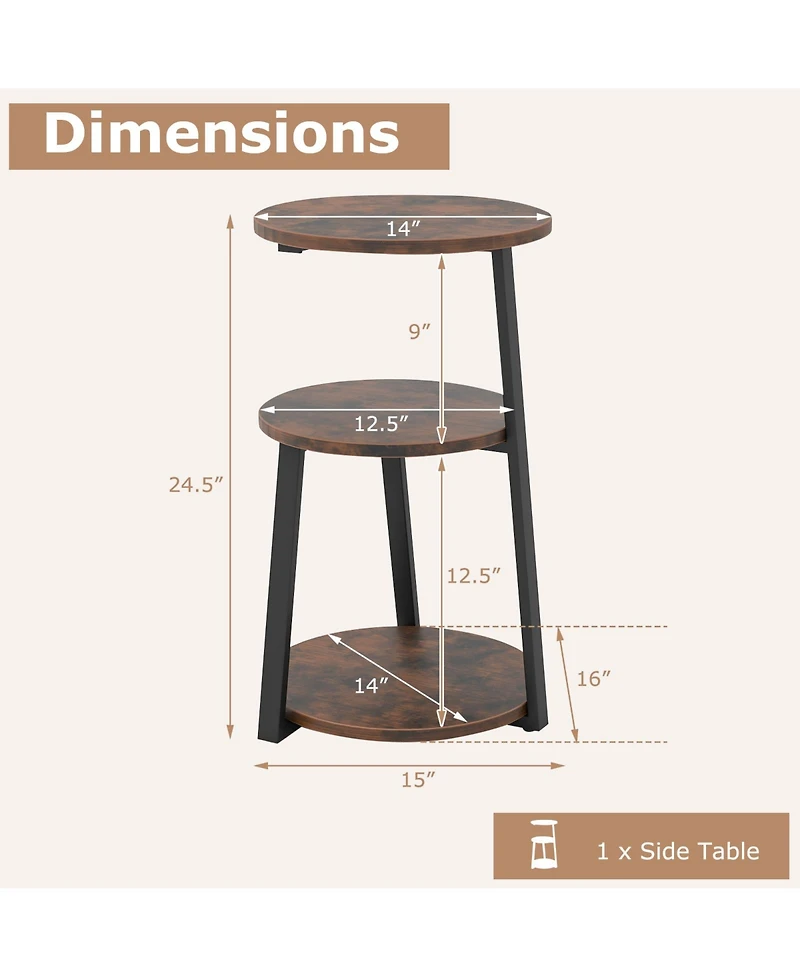 3-Tier Accent Round Side Table with Metal Frame-1 Piece