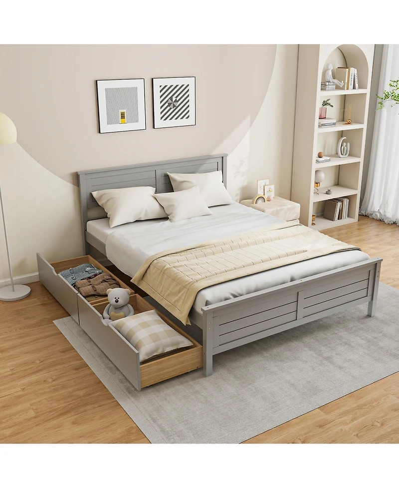 Full Size Bed Frame with Storage Drawers and Solid Wood Headboard