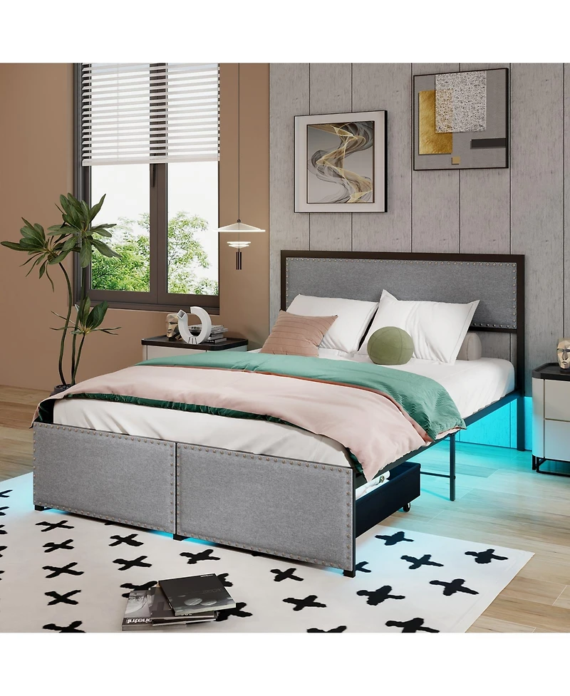 Full Size Bed Frame with Led Lights Drawer and Metal Slats-Full Size