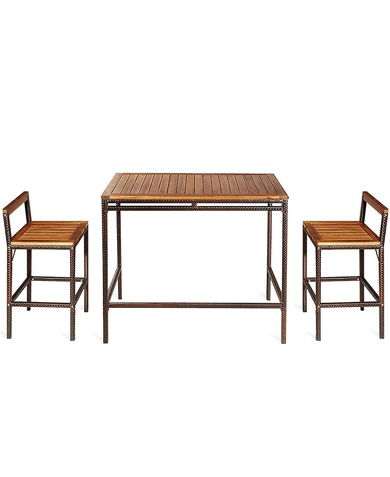 3 Pcs Patio Rattan Wicker Bar wood Table Chair Outdoor