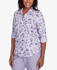 Alfred Dunner Women's Crystal Springs Floral Contrast Cuff Button Down Top