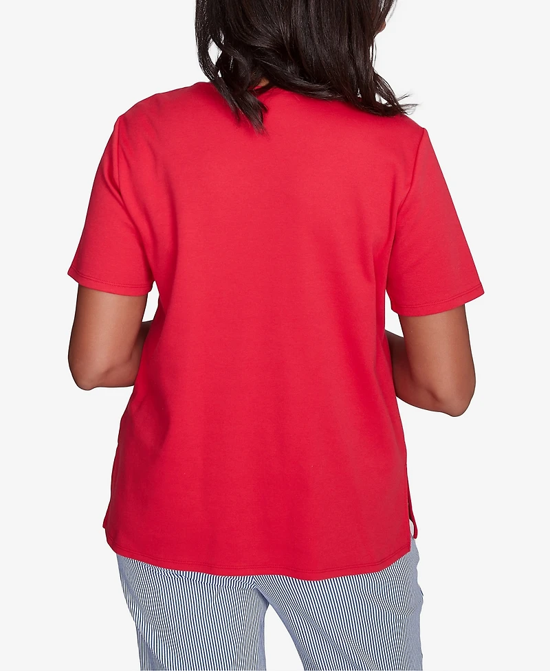 Alfred Dunner Women's Land of The Free Embroidered Stars Crisscross V-Neck T-Shirt