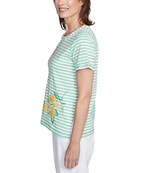 Alfred Dunner Women's Rise Shine Lemon Printed Striped Crew Neck T-Shirt