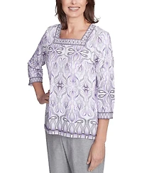 Alfred Dunner Women's Crystal Springs Border Medallion Kaleidoscope Square Neckline Top