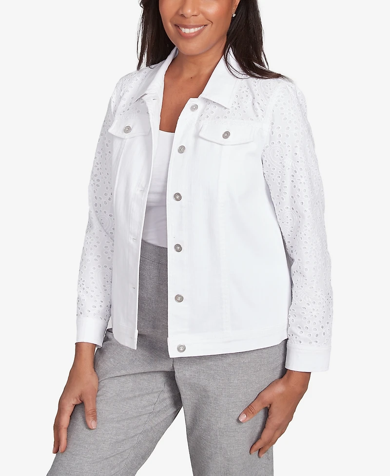 Alfred Dunner Women's Crystal Springs Eyelet Denim Collared Neck Jacket