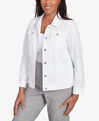 Alfred Dunner Women's Crystal Springs Eyelet Denim Collared Neck Jacket