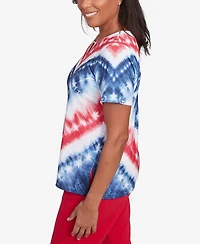 Alfred Dunner Petite Land of The Free Tie Dye American Chevron Short Sleeve Top