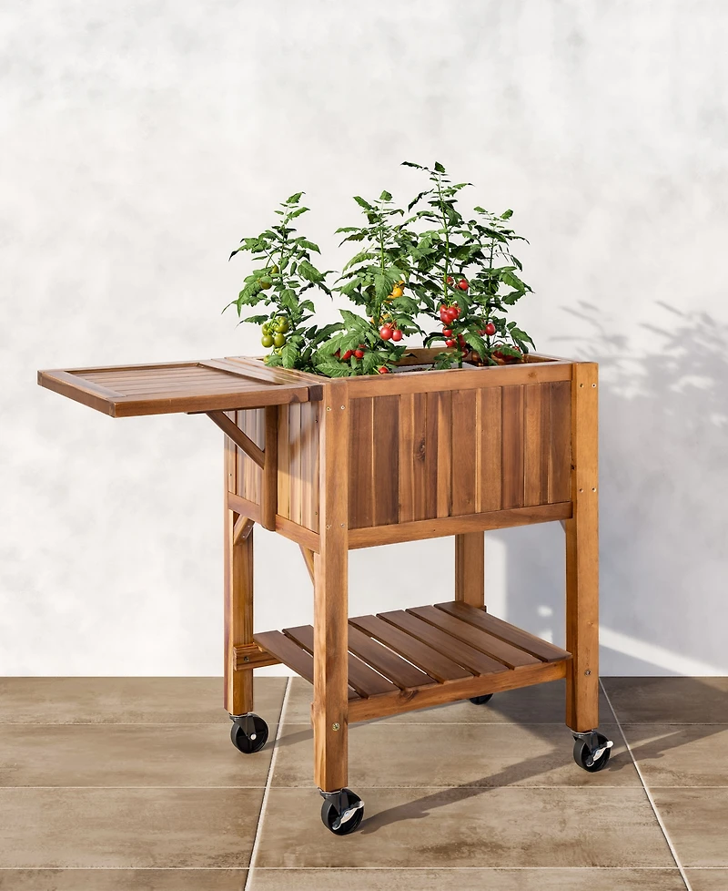Seville Classics Acacia Wood Raised Garden Bed Planter Cart