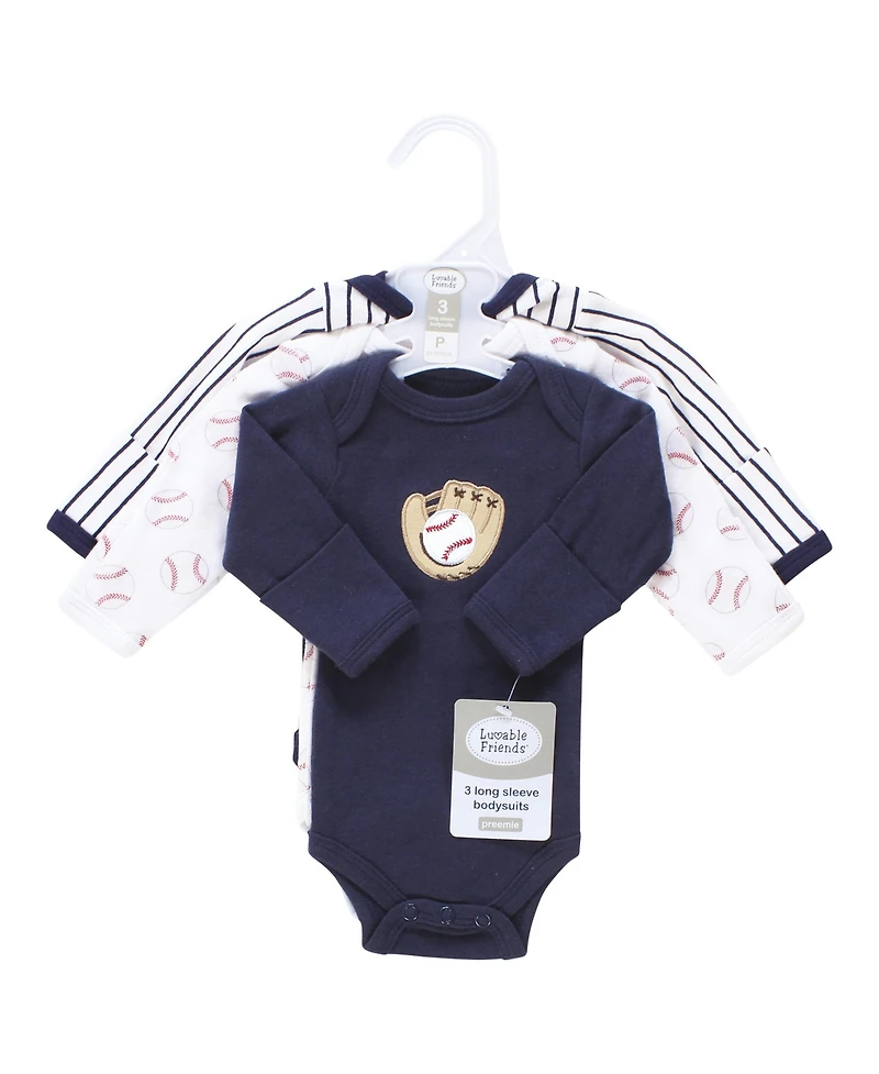 Luvable Friends Baby Boys Preemie Long Sleeve Bodysuits 3pk - Baseball