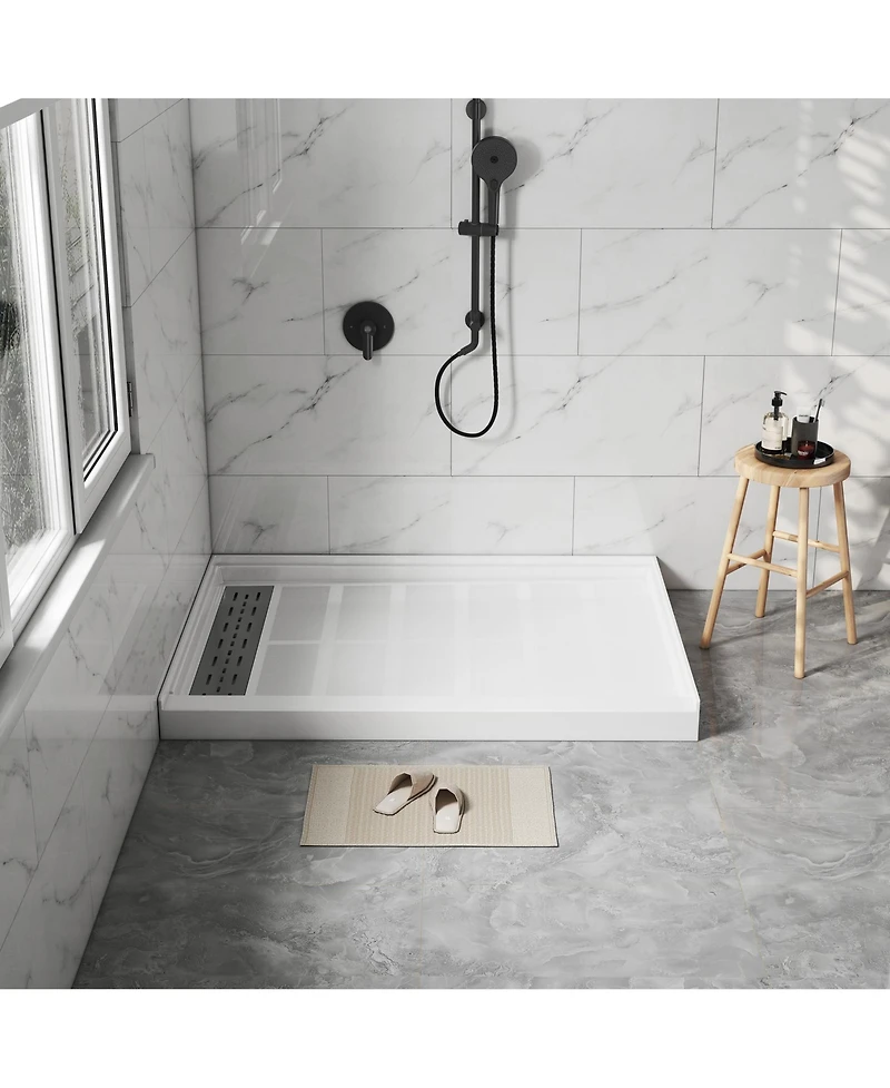Casainc 48"W X 36"D Solid Surface Single Threshold Shower Base Anti-Slip Shower Pan, Drain Assembly & Drain Cover Included
