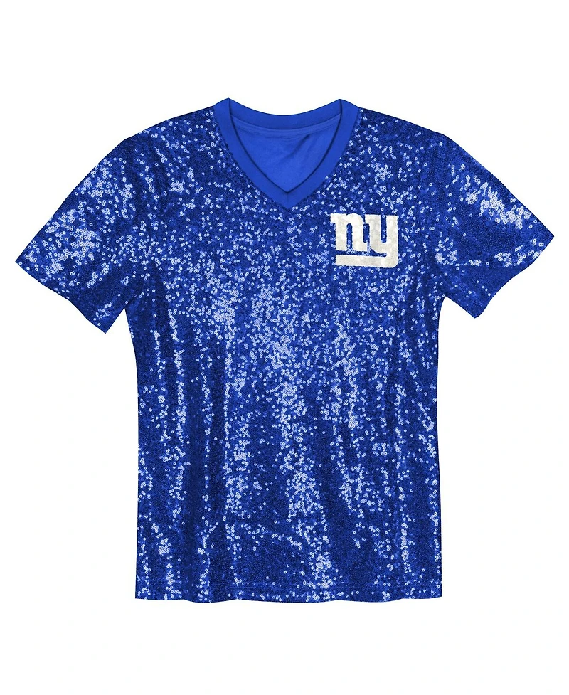 Outerstuff Big Girls Royal New York Giants Wordmark Sequin V-neck Top