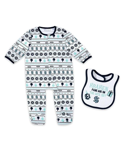 Wear by Erin Andrews Newborn 2-Piece Seattle Kraken Allover Print Full-Zip Sleeper and Bib Christmas Set