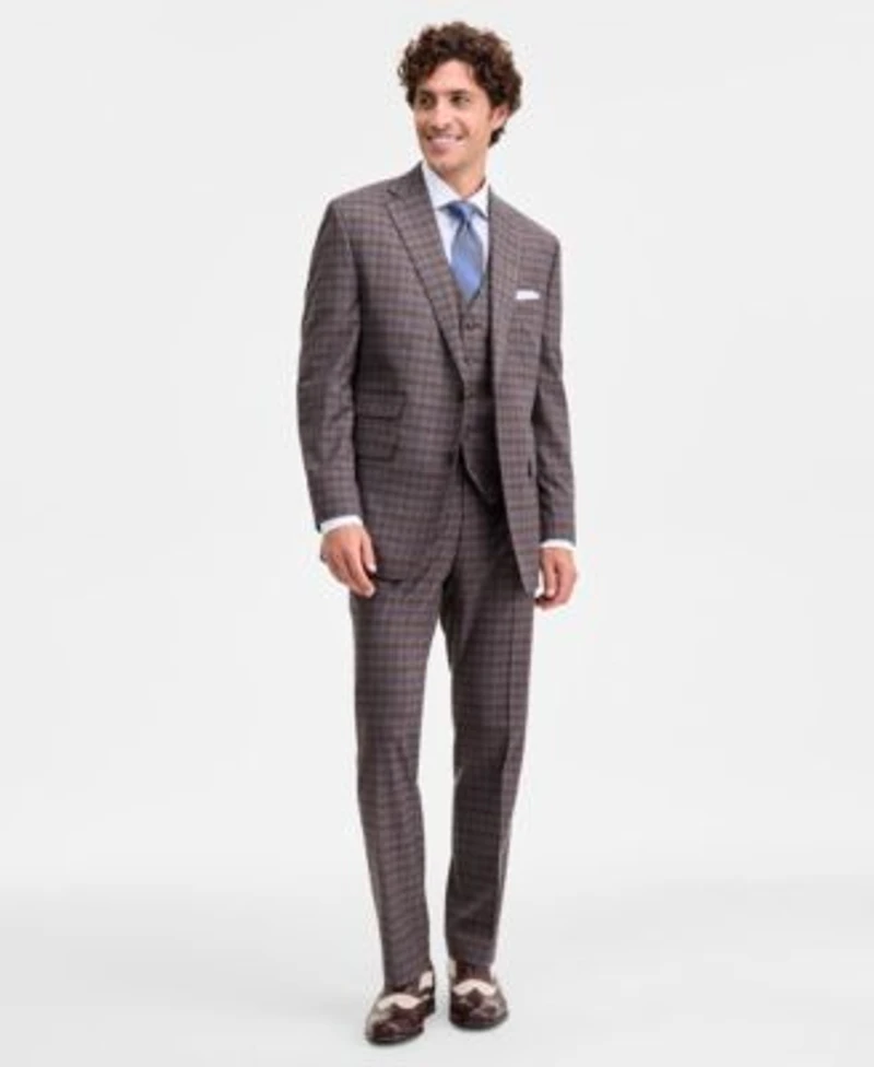 Tayion Collection Mens Classic Fit Tan Blue Plaid Suit Separates