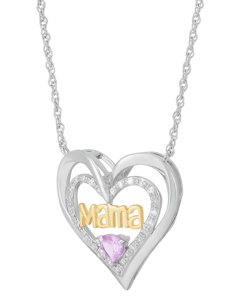 Lab-Created Pink Sapphire (1/3 ct. t.w.) & Diamond (1/10 ct. t.w.) Mama Heart Pendant Necklace in Rhodium-Plated & 14k Yellow Gold-Plated Sterling Sil