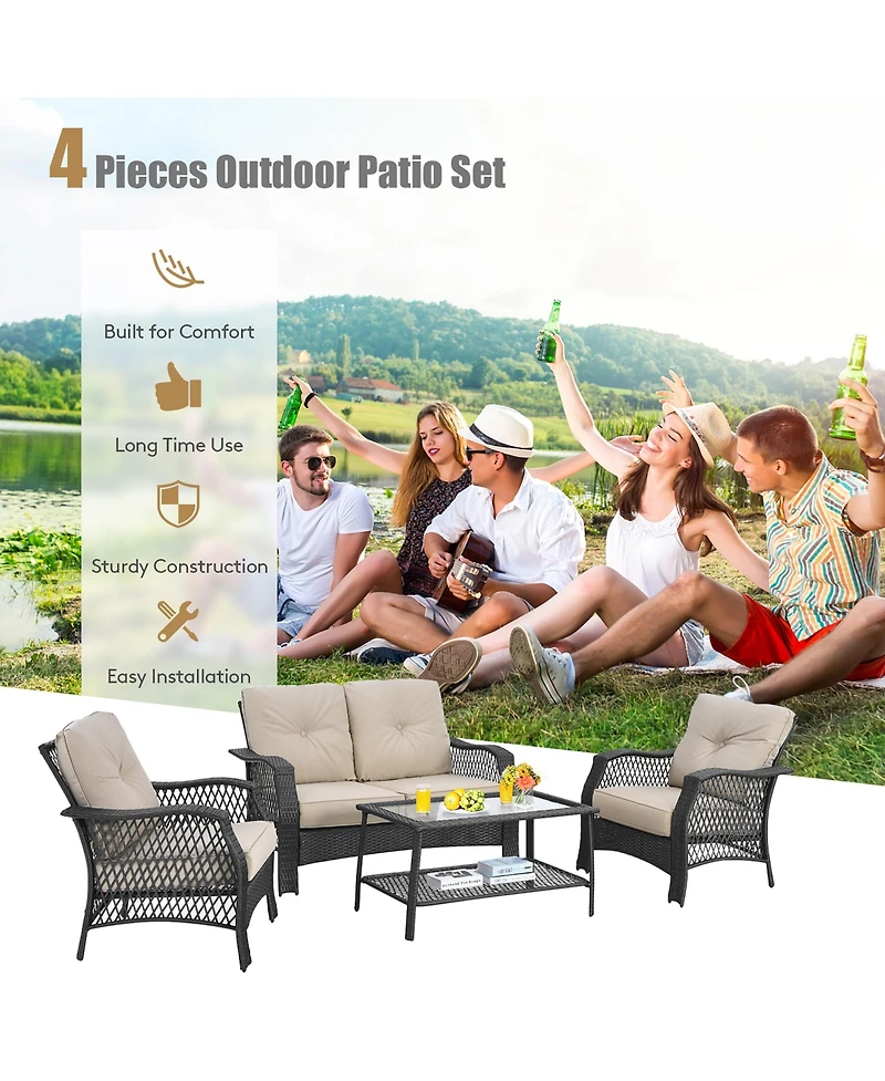 4PCS Patio Wicker Furniture Set Loveseat Sofa Coffee Table W/ Cushion
