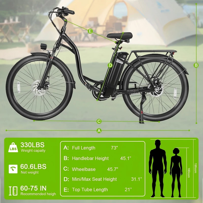 350W Adult Electric Bike with Removable Battery, 26" Wheels, Carbon Steel Frame, 3 Ride Modes & Led Headlights