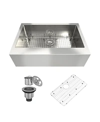 33 Inch Stainless Steel Brushed Kitchen Manual Sink, Straight Edge Apron, Large Single Grooves