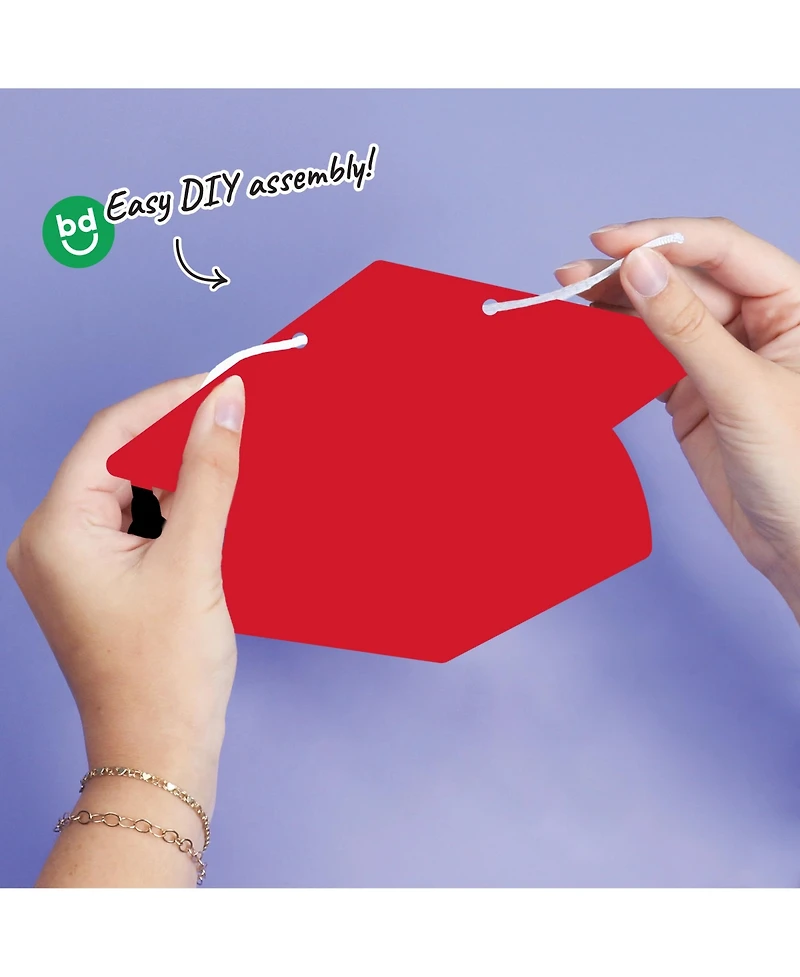 Red Graduation Cap Garland Banner, 10 Feet of Cord, 15 Hats with Tassels