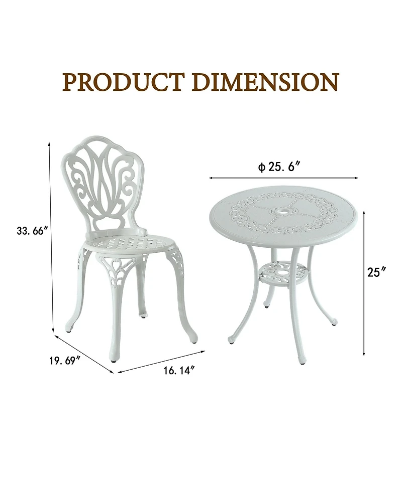 3-Piece Cast Aluminium Patio Bistro Set Outdoor Dining Table and Chairs Patio Bistro Table with Umbrella Hole Patio Bistro Chairs, White