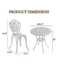 3-Piece Cast Aluminium Patio Bistro Set Outdoor Dining Table and Chairs Patio Bistro Table with Umbrella Hole Patio Bistro Chairs, White