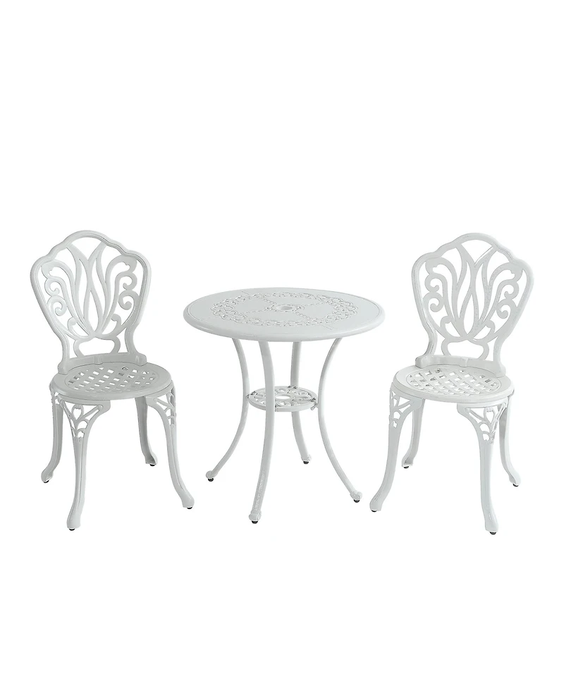 3-Piece Cast Aluminium Patio Bistro Set Outdoor Dining Table and Chairs Patio Bistro Table with Umbrella Hole Patio Bistro Chairs, White