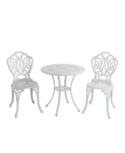 3-Piece Cast Aluminium Patio Bistro Set Outdoor Dining Table and Chairs Patio Bistro Table with Umbrella Hole Patio Bistro Chairs, White