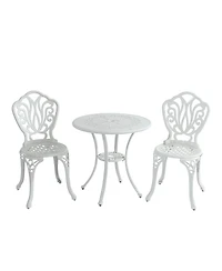 3-Piece Cast Aluminium Patio Bistro Set Outdoor Dining Table and Chairs Patio Bistro Table with Umbrella Hole Patio Bistro Chairs, White
