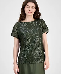 Anne Klein Women's Sequinned-Mesh Boat-Neck Top