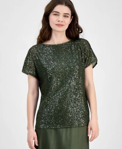 Anne Klein Womens Sequinned Mesh Boat Neck Top P Xxs Xxl