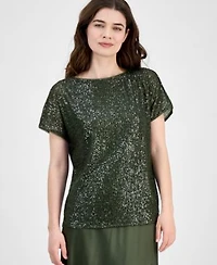 Anne Klein Womens Sequinned Mesh Boat Neck Top P Xxs Xxl