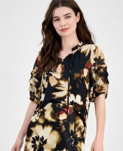 Anne Klein Womens Pleated Sleeve Floral Print Split Neck Top P Xxs Xxl