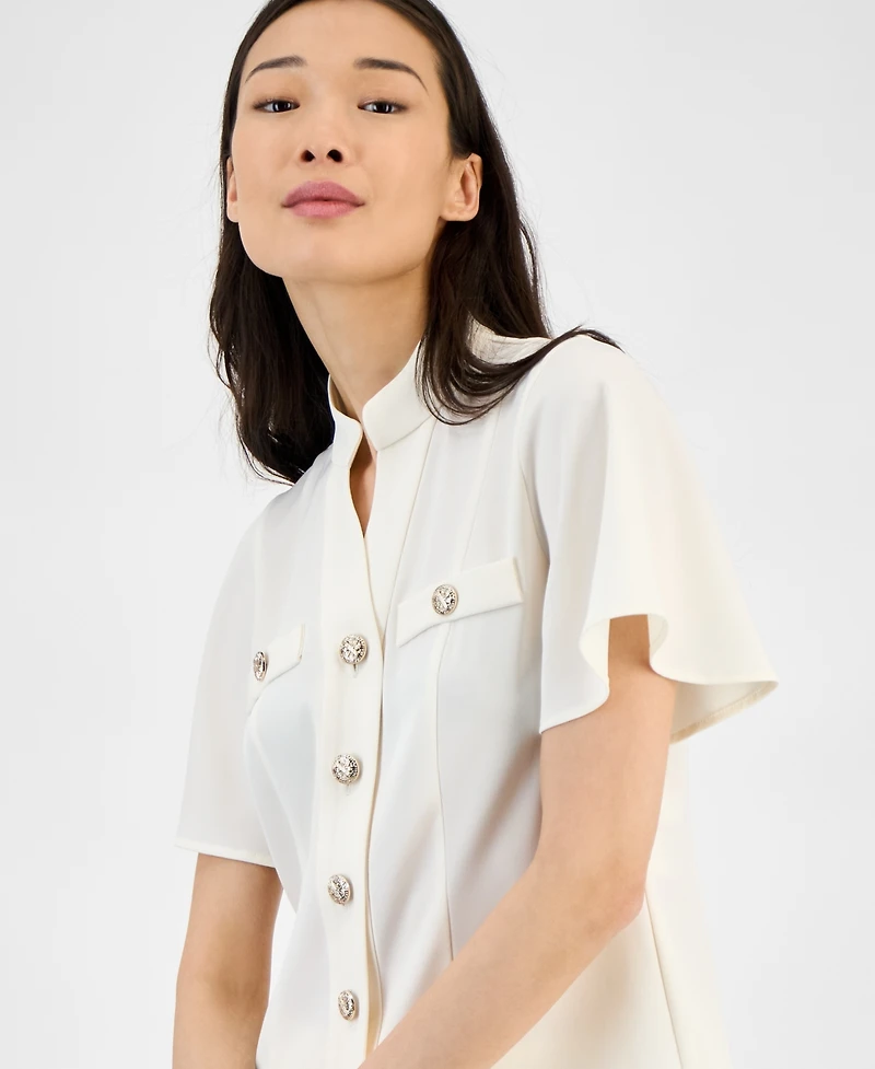 Anne Klein Women's Mandarin-Collar Button-Front Blouse