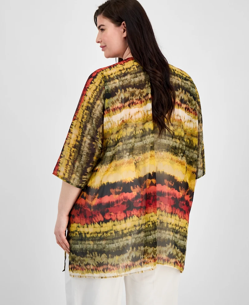 Anne Klein Plus Size Open-Front Scarf-Print Kimono