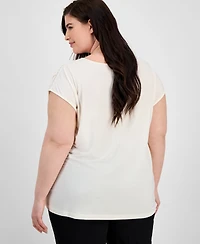 Anne Klein Plus Lace-Trim V-Neck Cap-Sleeve Top