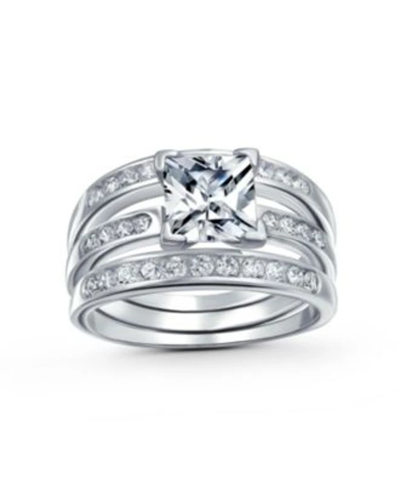 Bling Jewelry Square 2CT Solitaire Princess Cut Cz 3 Triple Pave Band Guard Inset Enhancers Ring Set .925 Sterling Silver