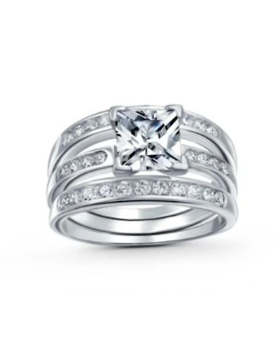 Bling Jewelry Square 2CT Solitaire Princess Cut Cz 3 Triple Pave Band Guard Inset Enhancers Ring Set .925 Sterling Silver