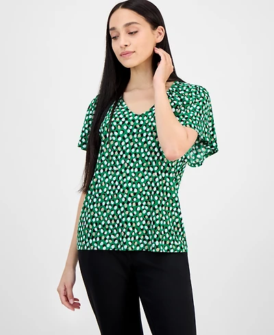 Ak Anne Klein Petite Printed V-Neck Raglan-Sleeve Top