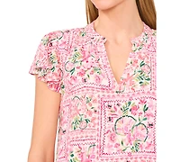 CeCe Women's Shirred V-Neck Flutter-Sleeve Blouse