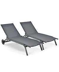 2PCS Patio Lounge Chair Chaise Adjustable Back Recliner W/Wheels