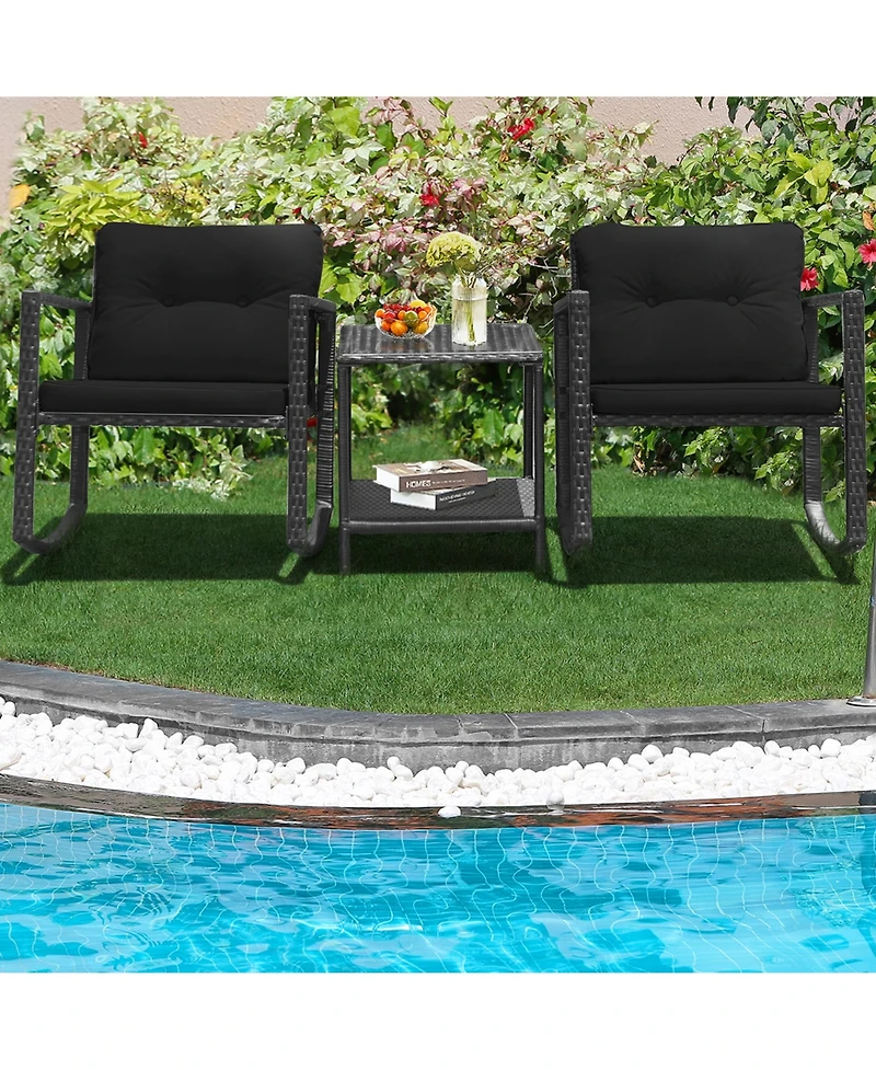 Gymax Set of 3 Rattan Patio Furniture Set Rocking Chair Set w/ Cushions Table