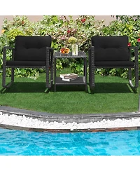 Gymax Set of 3 Rattan Patio Furniture Set Rocking Chair Set w/ Cushions Table