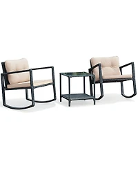 Gymax Set of 3 Rattan Patio Furniture Set Rocking Chair Table Set w/ Cushions