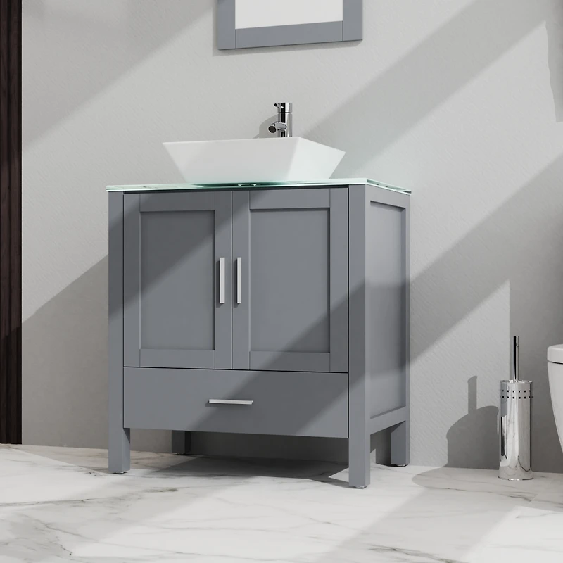 Casainc 30" Gray Bathroom Vanity and Sink Combo Glass Top Cabinet With Mirror