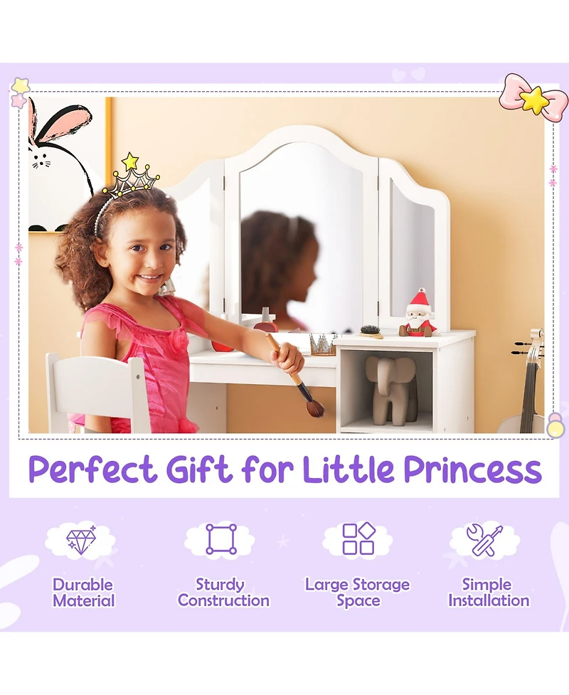 Kids Vanity Table and Chair Set with Removable Tri-Folding Mirror