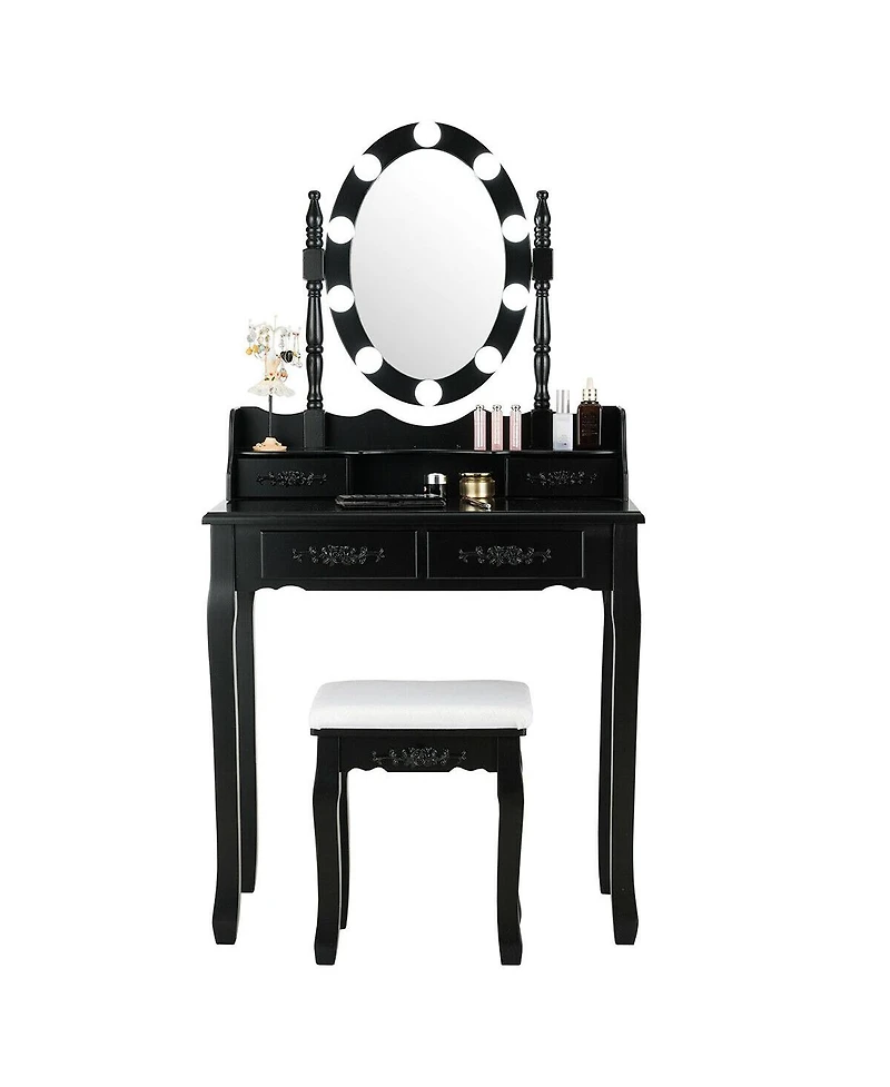 Makeup Dressing Table with Touch Switch Lighted Mirror and Cushioned Stool