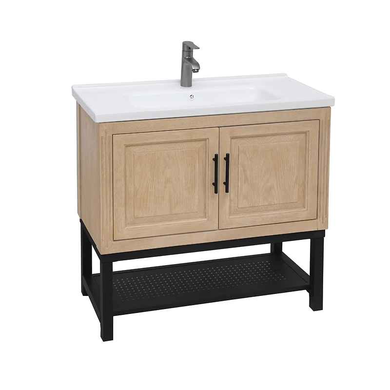 Casainc 36" Bathroom Vanity with White Ceramic Sink & Faucet,Freestanding Bathroom Cabinet with 2 Storage Doors and Open iron Shelf