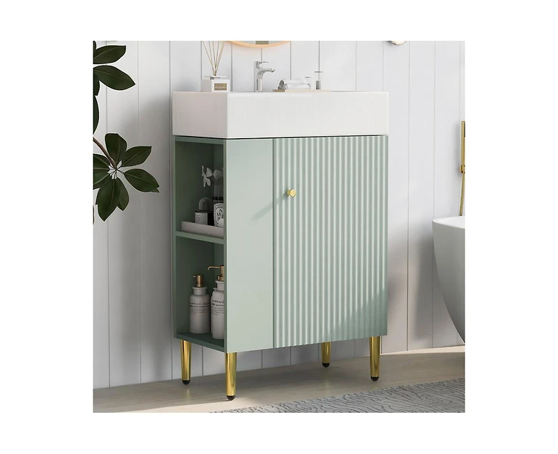 Casainc 21.6" Green Bathroom vanity, Combo Cabinet, Bathroom Storage Cabinet, Single Ceramic Sink, Left side storage