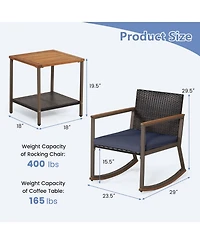 3 Pieces Rattan Rocking Bistro Set with Table and Cushions